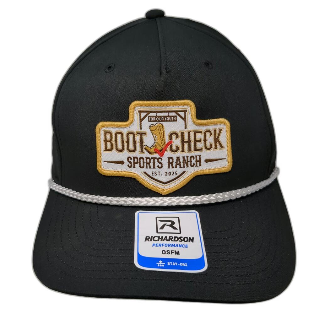 Richardson 5 Panel Hat Black One Size Boot Check Sports Ranch Rope Snapback